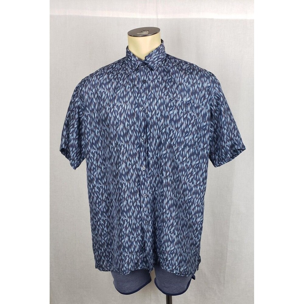 Scandia Woods Shirt Mens L Blue 100% Silk Leaf Print Button Front Casual VTG
